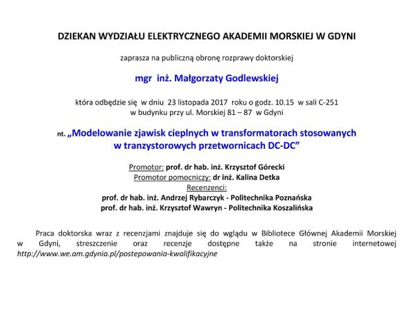 Zaproszenie Na Obronę Pracy Doktorskiej Mgr Inż M Godlewskiej